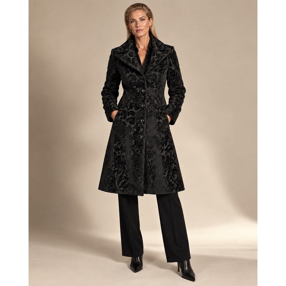 Desigual Mireia Wide Collar Baroque Patterned Coat Size 42/Large Black Velvet